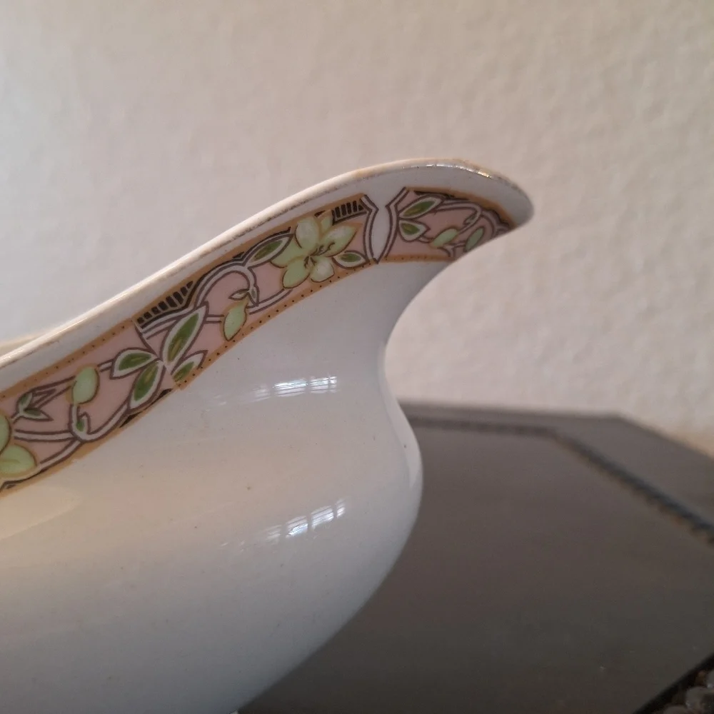 Vintage Johnson Bros England Floral Gravy Boat Pink Green Gold Trim Antique